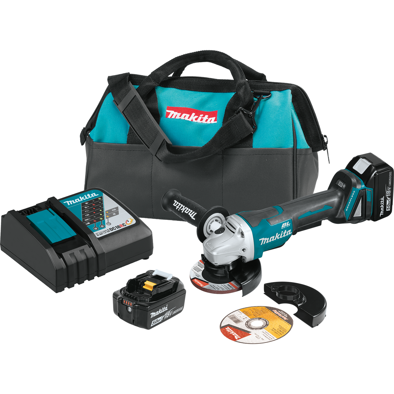 Makita, 18V LXT® Lithium‑Ion Brushless Cordless 4‑1/2” / 5" Paddle Switch Cut‑Off/Angle Grinder Kit, with Electric Brake (5.0Ah) - XAG11T