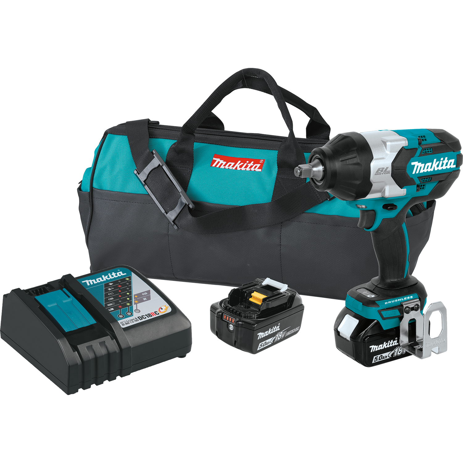 Makita, 18V LXT® Lithium‑Ion Brushless Cordless High Torque 1/2" Sq. Drive Impact Wrench Kit w/ Friction Ring Anvil (5.0Ah) - XWT08T